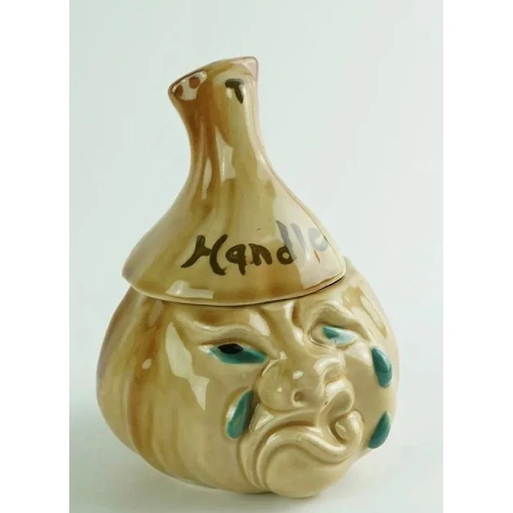 Vintage Crying Garlic Keeper Ceramic Jar Hand Painted Japan Novelty Kitsch 5in
